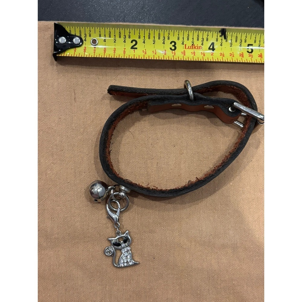 Brown Leather‎ Cat Collar with Rhinestone Cat Charm and Bell Embossed Pattern